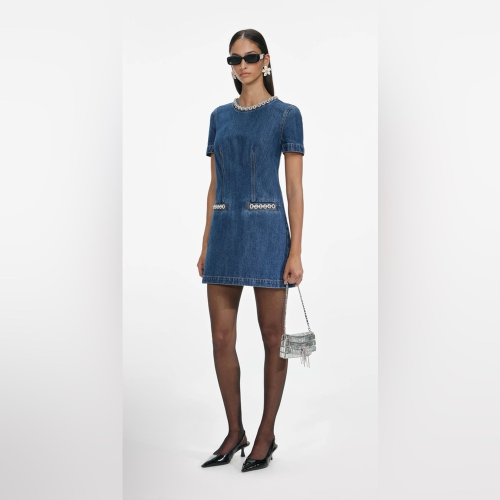 New Self Portrait Denim Crystal Trim Mini Dress size 4 - Picture 2 of 13
